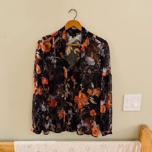 Who What Wear Floral Button Down Long Sleeve Sheer Blouse - Black, Orange, Blue
